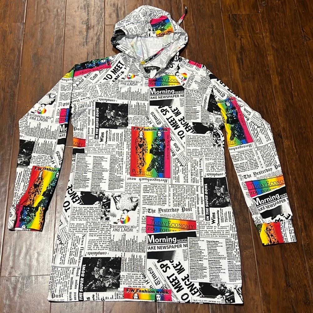 Women's Objex 1990 90's Fashion News Print Shirt Hoodie Stretchy Size M/L